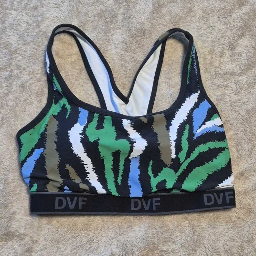 DVF Diane von Furstenberg Womens Green Blue Abstract Stripe Racerback Sports Bra